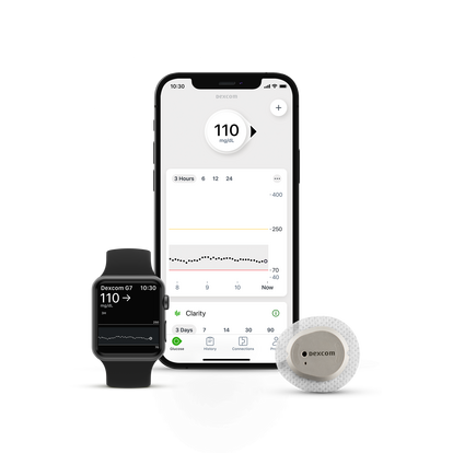 smart phone and smart watch showing dexcom app with sensor
