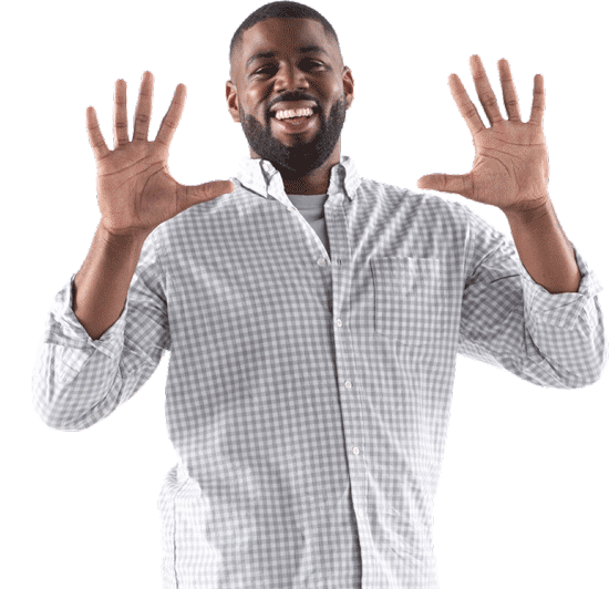 Headshot of Dexcom Warrior Donn holding up hands showing no finger pricks