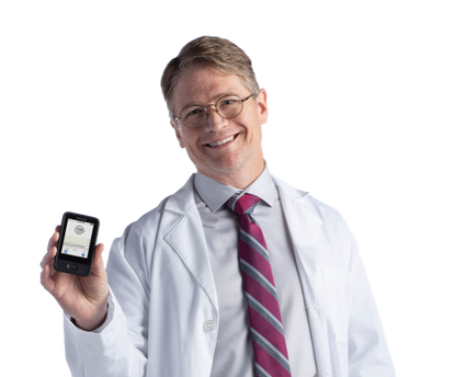 Headshot of Dr. Michael Heile holding Dexcom G6 device