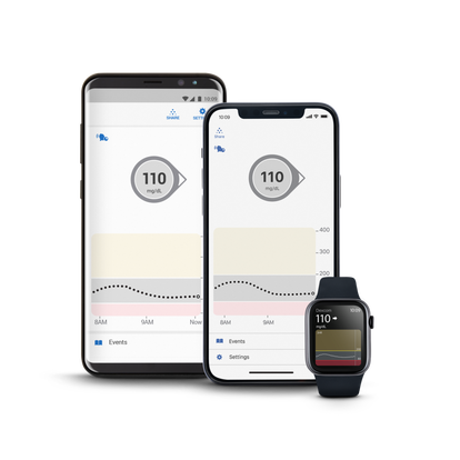 smart phones with apple watch showing dexcom app screen