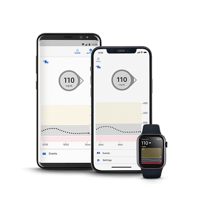 smart phones with apple watch showing dexcom app screen