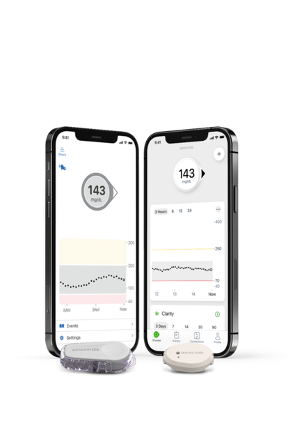 Dexcom G6 and Dexcom G7 sensors and smart devices showing app screens facing eachother