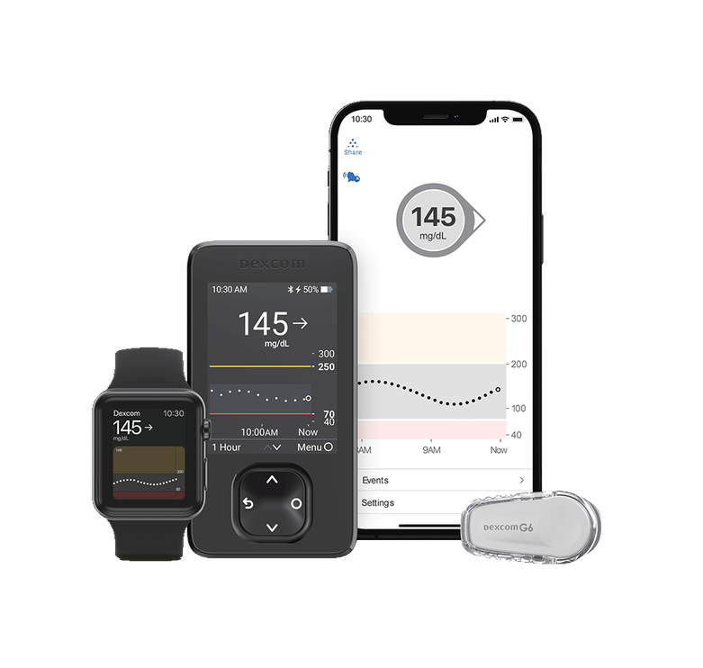 G6 product family with applicator, receiver, sensor, smartphone and smartwatch