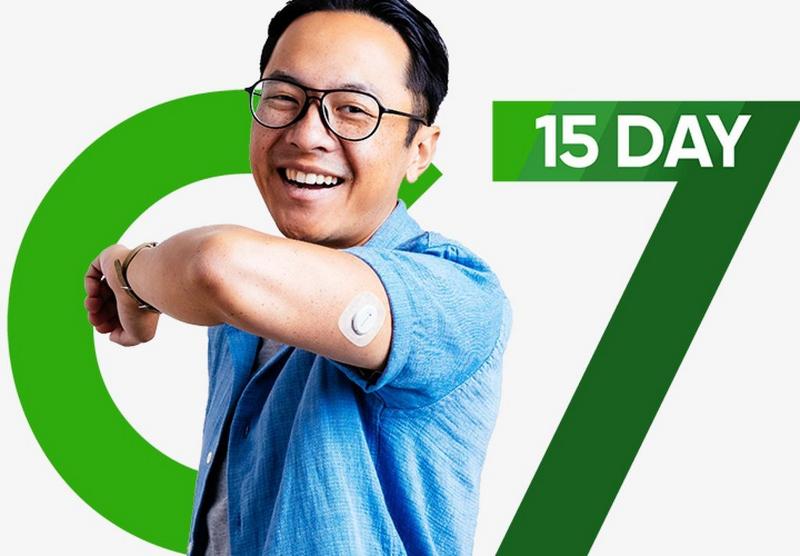 Dexcom G7 15 Day CGM sensor worn on the upper arm with Dexcom branding