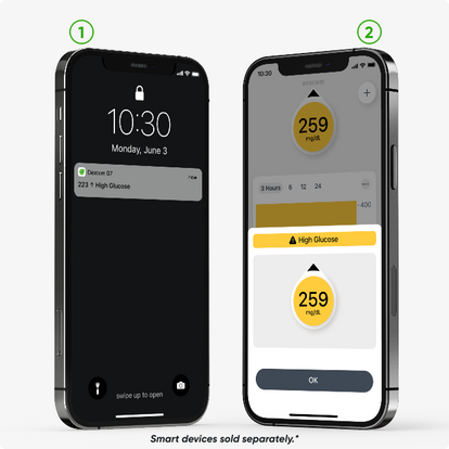two phones showing dexcom alerts facing each other