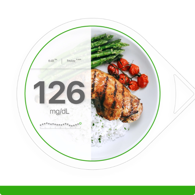 dexcom icon with food and 126 mg/dl number within icon