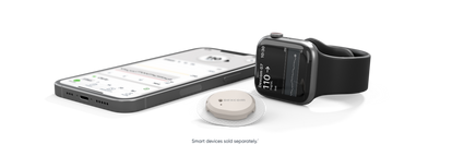 Dexcom sensor, smartphone and smart watch showing app screen