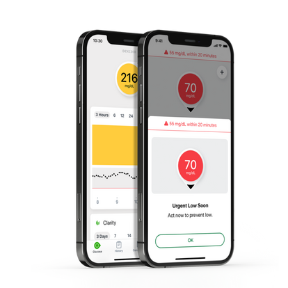 Dexcom G7 CGM app on smartphone with Urgent Low Soon number and warning