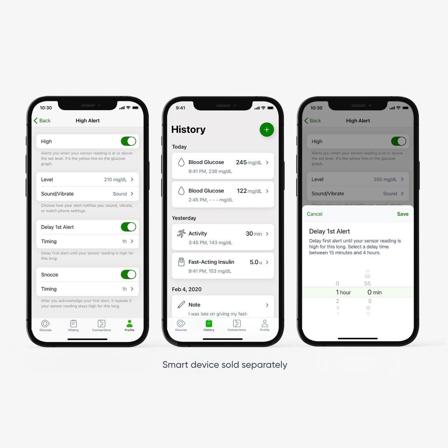 smartphone glucose history, alert settings - smart devices sold separately
