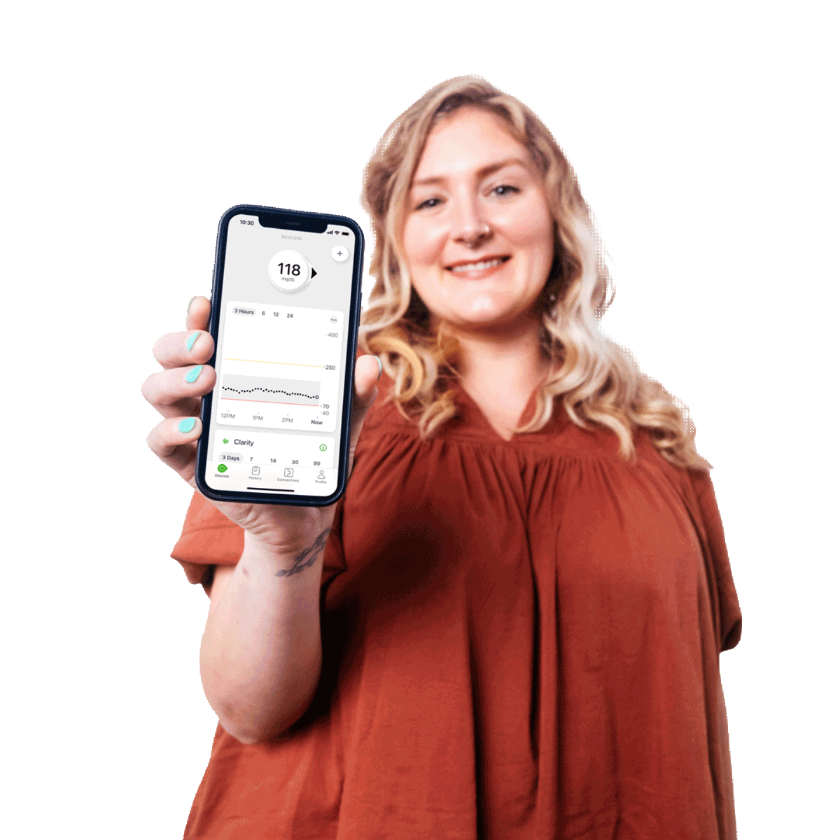 woman smiling showing g7 app on smartphone