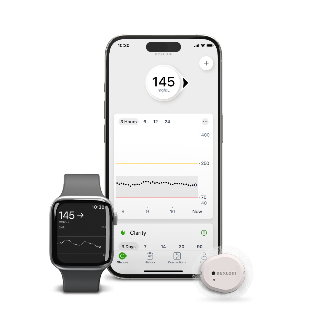 smart phones with apple watch showing dexcom app screen