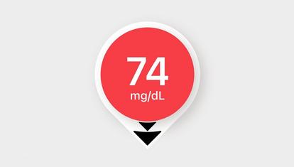 trend arrows pointing down with 74 reading on dexcom screen