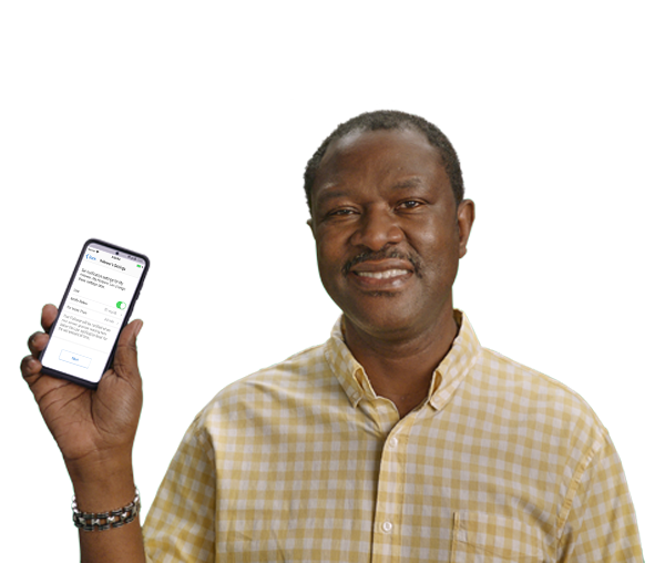 Headshot of Ade holding smartphone with Dexcom G6 App