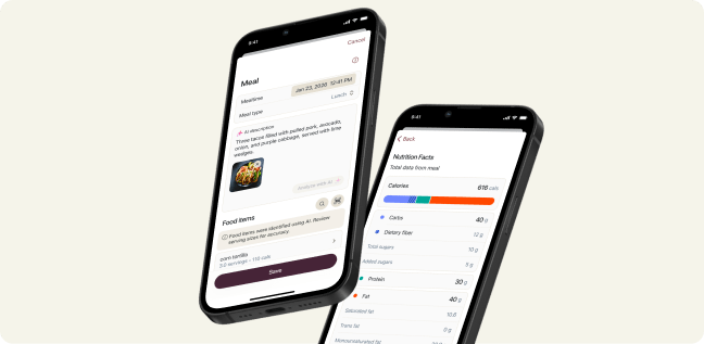 Two phones showing meal logging