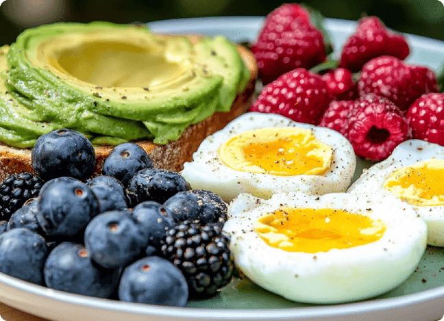 Plate with fruits, eggs, and avocado toast