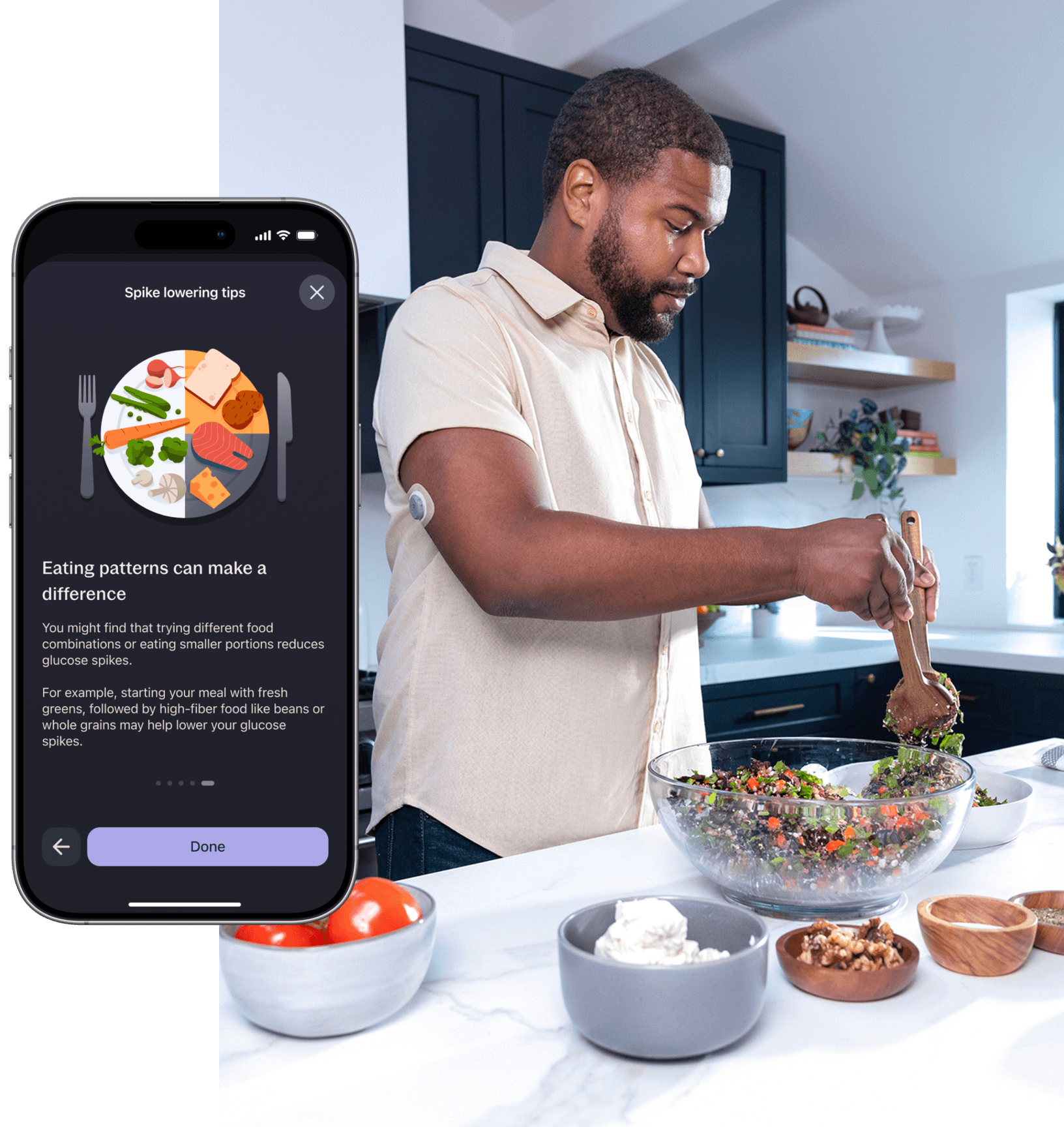 man wearing stelo biosensor and making a salad