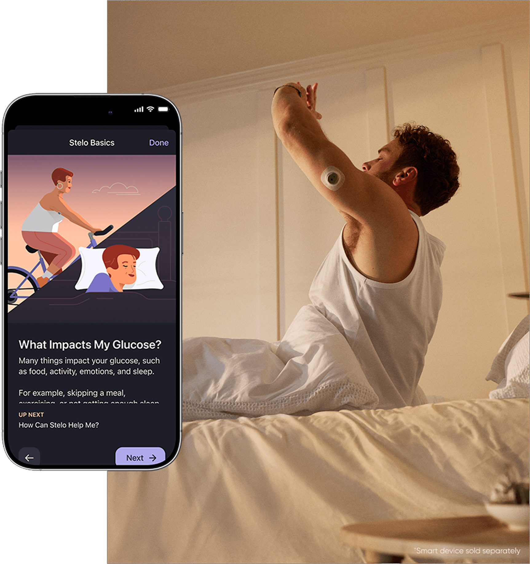 man stretching in bed wearing stelo biosensor