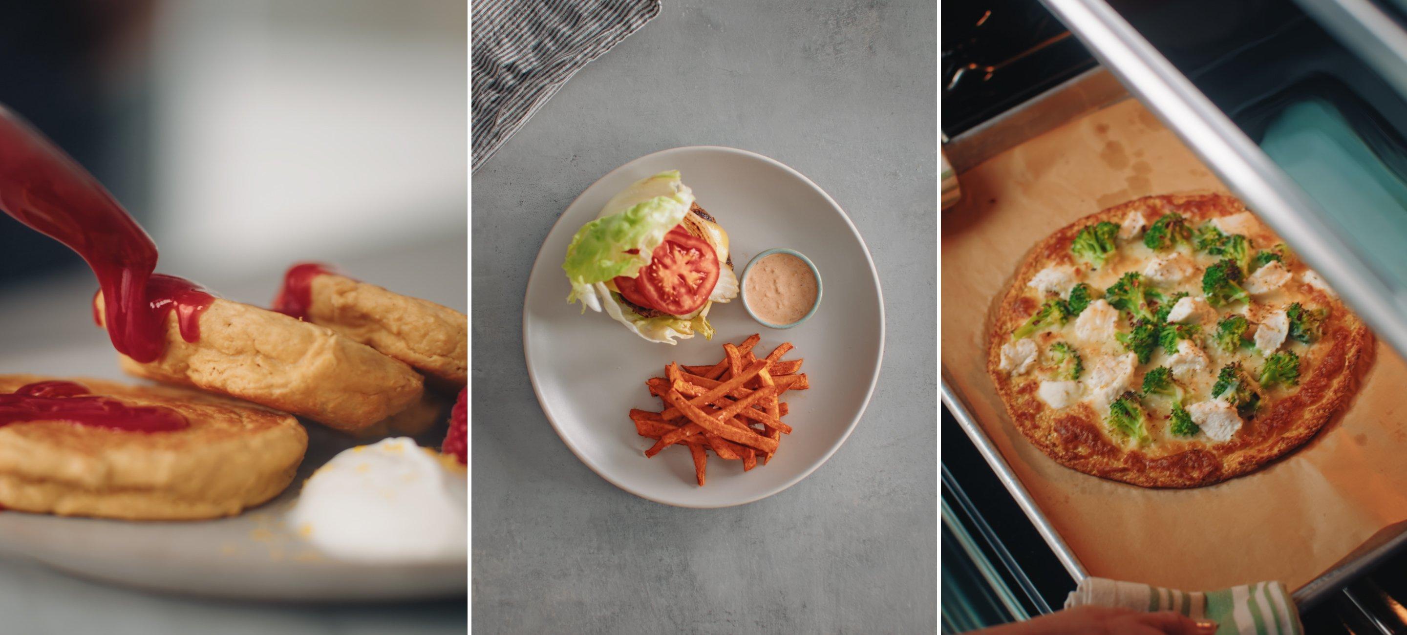 Protein Packed Pancakes, Lean Turkey Cheeseburger, Cauli Crust Pizza