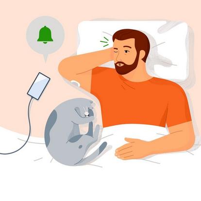 Ilustración de un hombre tumbado en la cama con una alerta sonando desde su smartphone