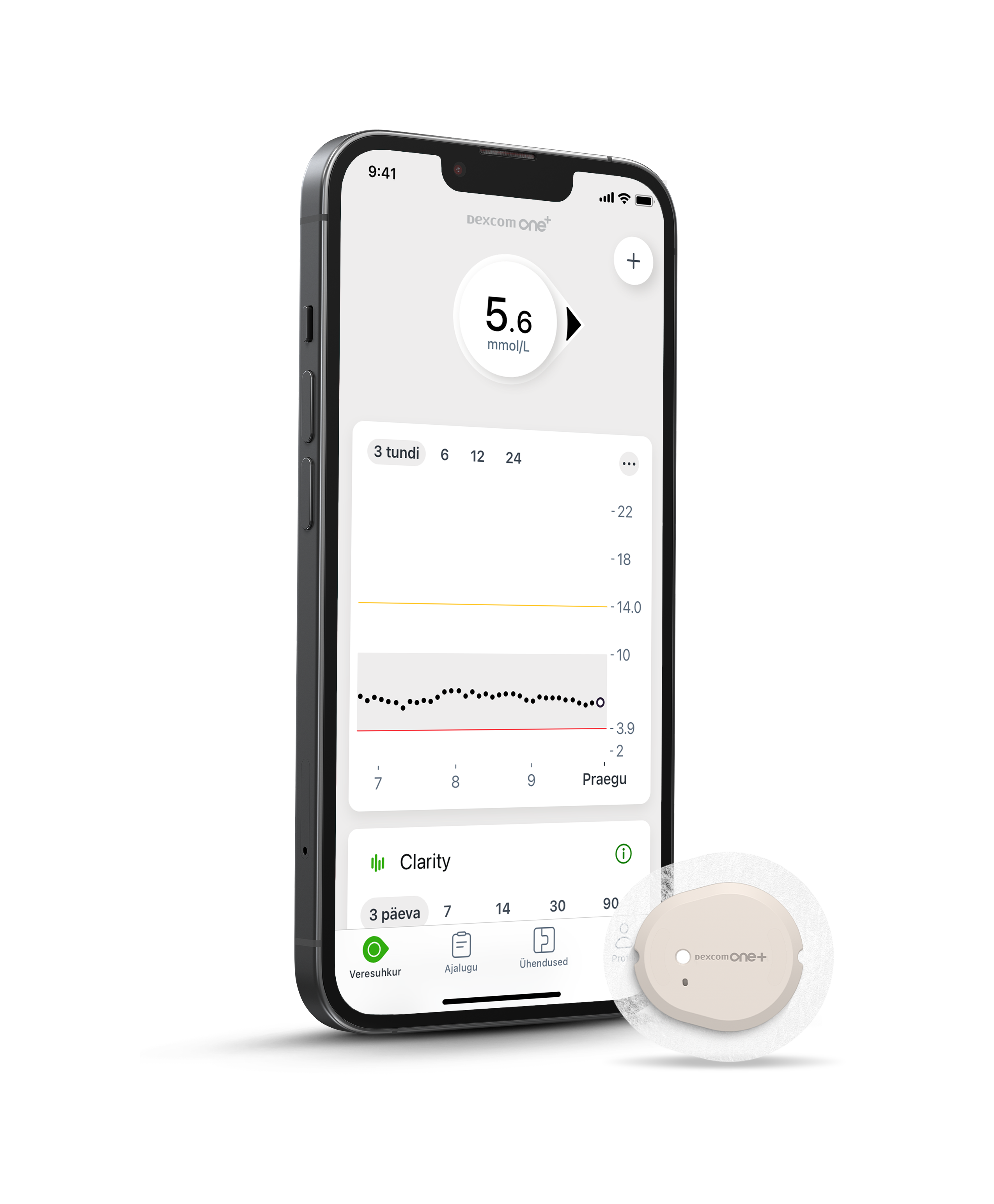 Foto Dexcom G6 komponentidest, sealhulgas automaatne aplikaator, andur, saatja ja näidik.