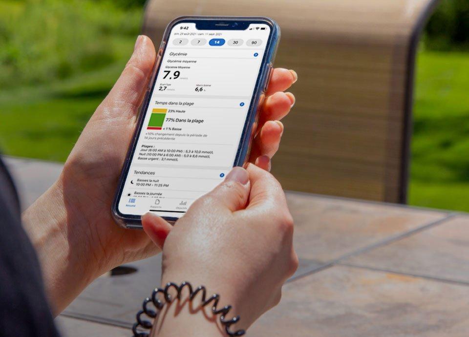 L'application Clarity sur un téléphone montrant le glucose et le temps dans les données de la gamme.