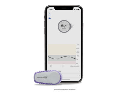 Capteur Dexcom G6 et application affichant les données de glycémie sur un téléphone mobile, appareil intelligent vendu séparément.