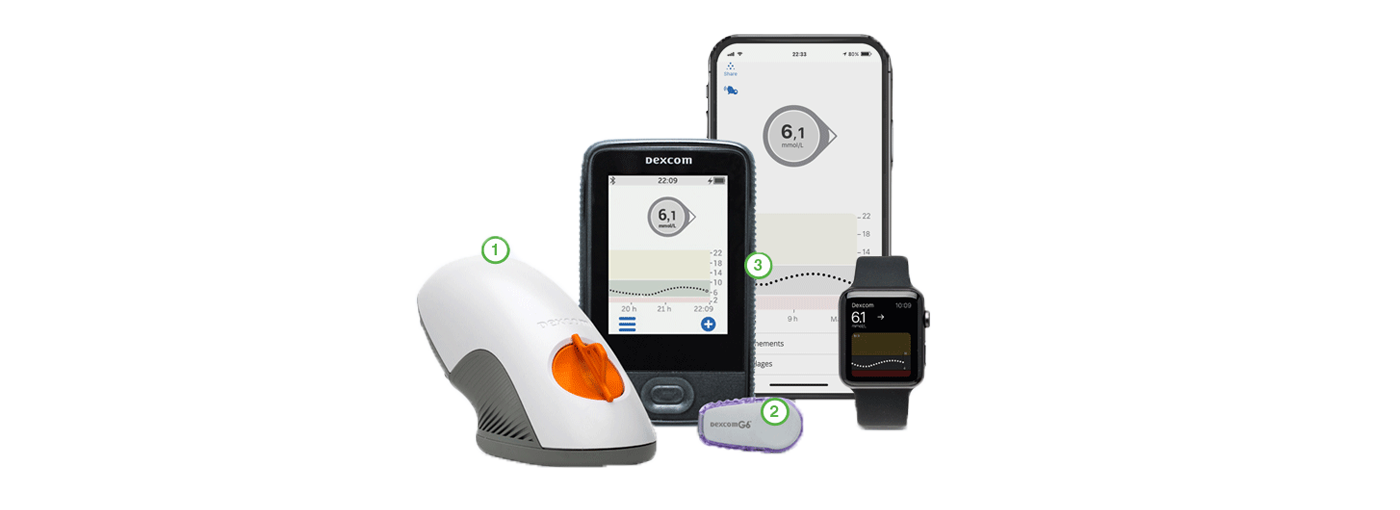 Le système SCG Dexcom G6, l'application téléphonique, le récepteur, l'applicateur, le capteur, le transmetteur et la montre intelligente.