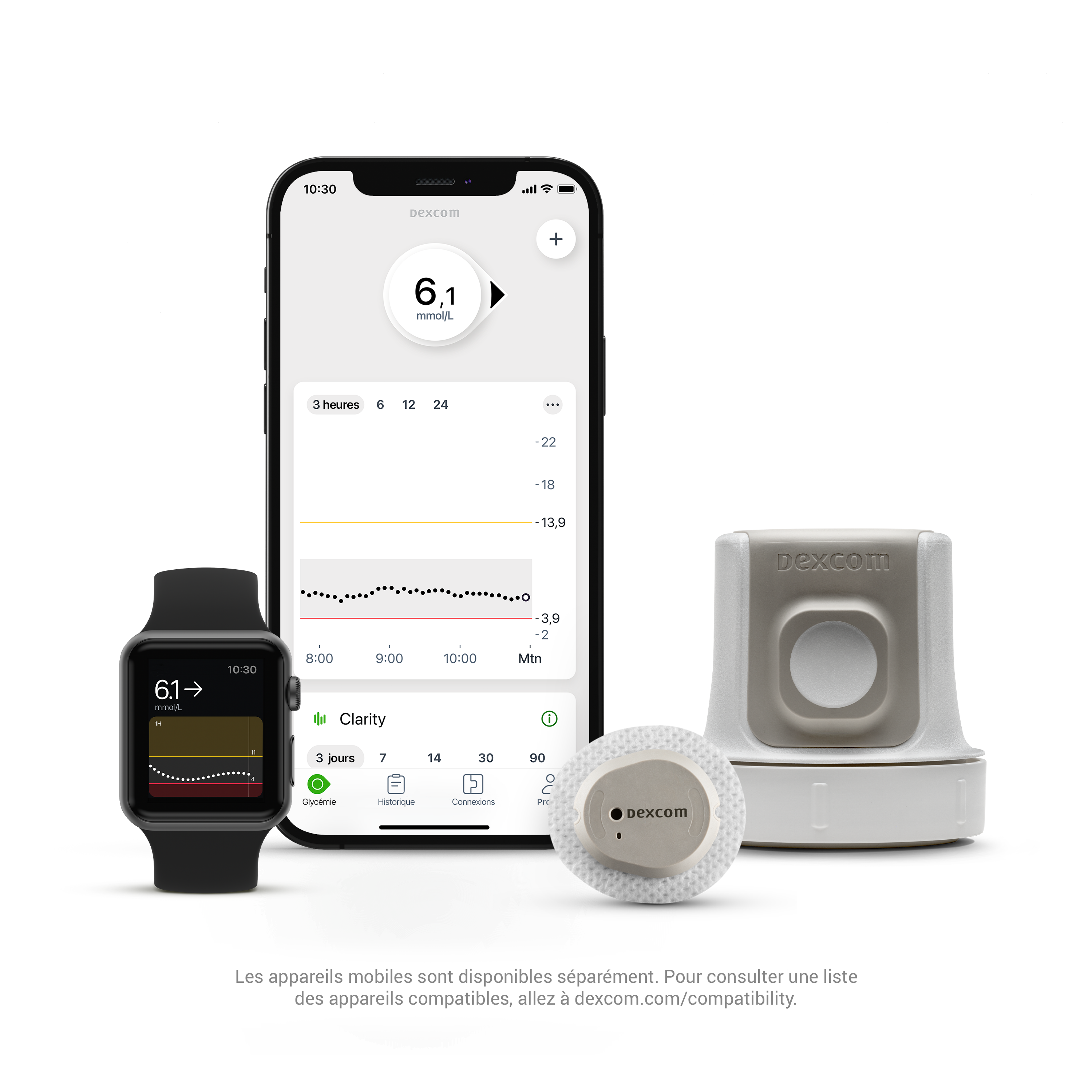 Application, capteur et applicateur Dexcom G7 - Appareils intelligents vendus séparément. Pour consulter une liste des appareils compatibles, allez à dexcom.com/compatibility