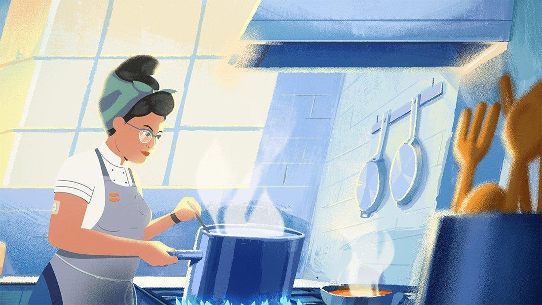 Artwork of a woman cooking while wearing the Dexcom G7 sensor