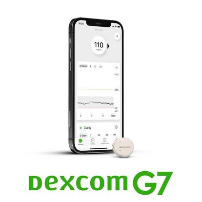 Sensor Dexcom G7 con aplicador Dexcom G7 y smartphone y smartwatch con aplicación G7