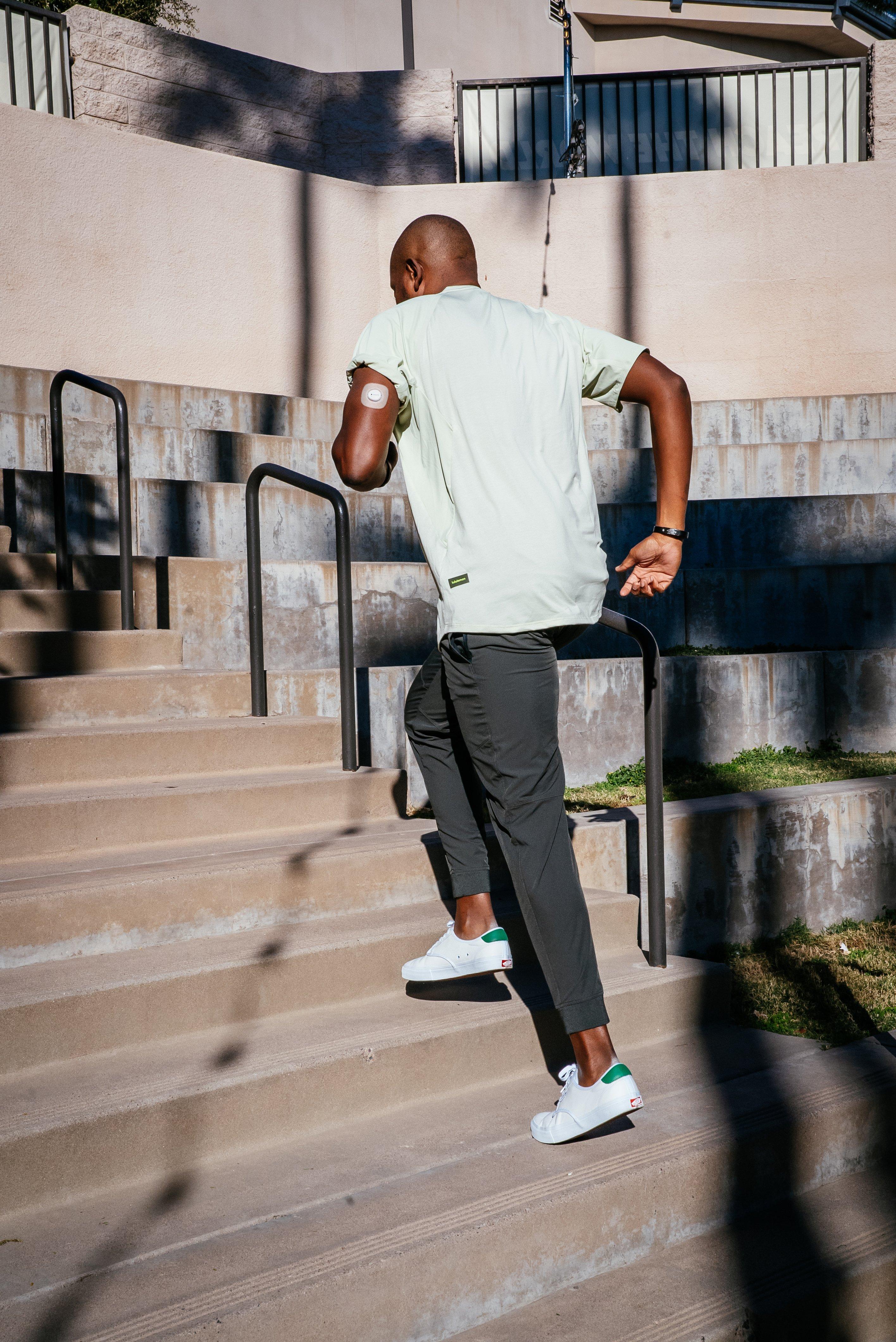 Bryan B running and wearing G7 CGM sensor - use overpatch as instructed