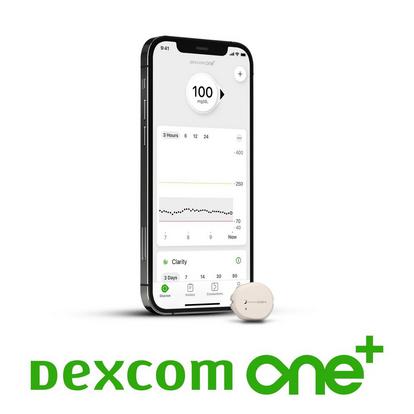 Sensor Dexcom ONE+ junto a un smartphone que muestra la aplicación Dexcom