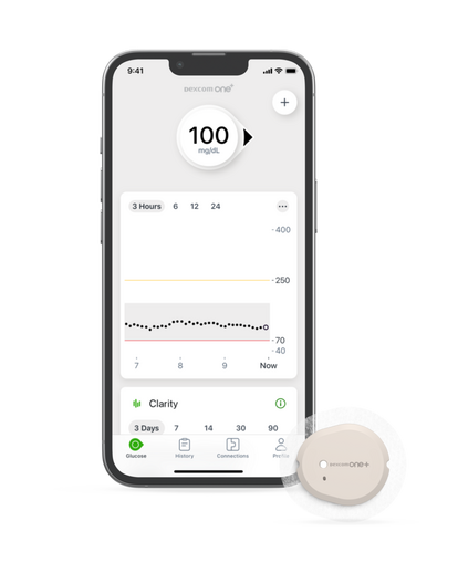 Smartfon pokazujący ekran aplikacji Dexcom ONE+