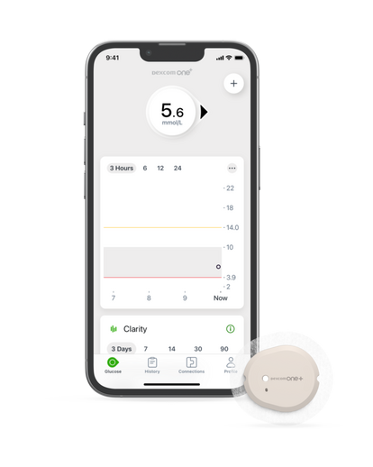 Smartphone met scherm van Dexcom ONE+ app