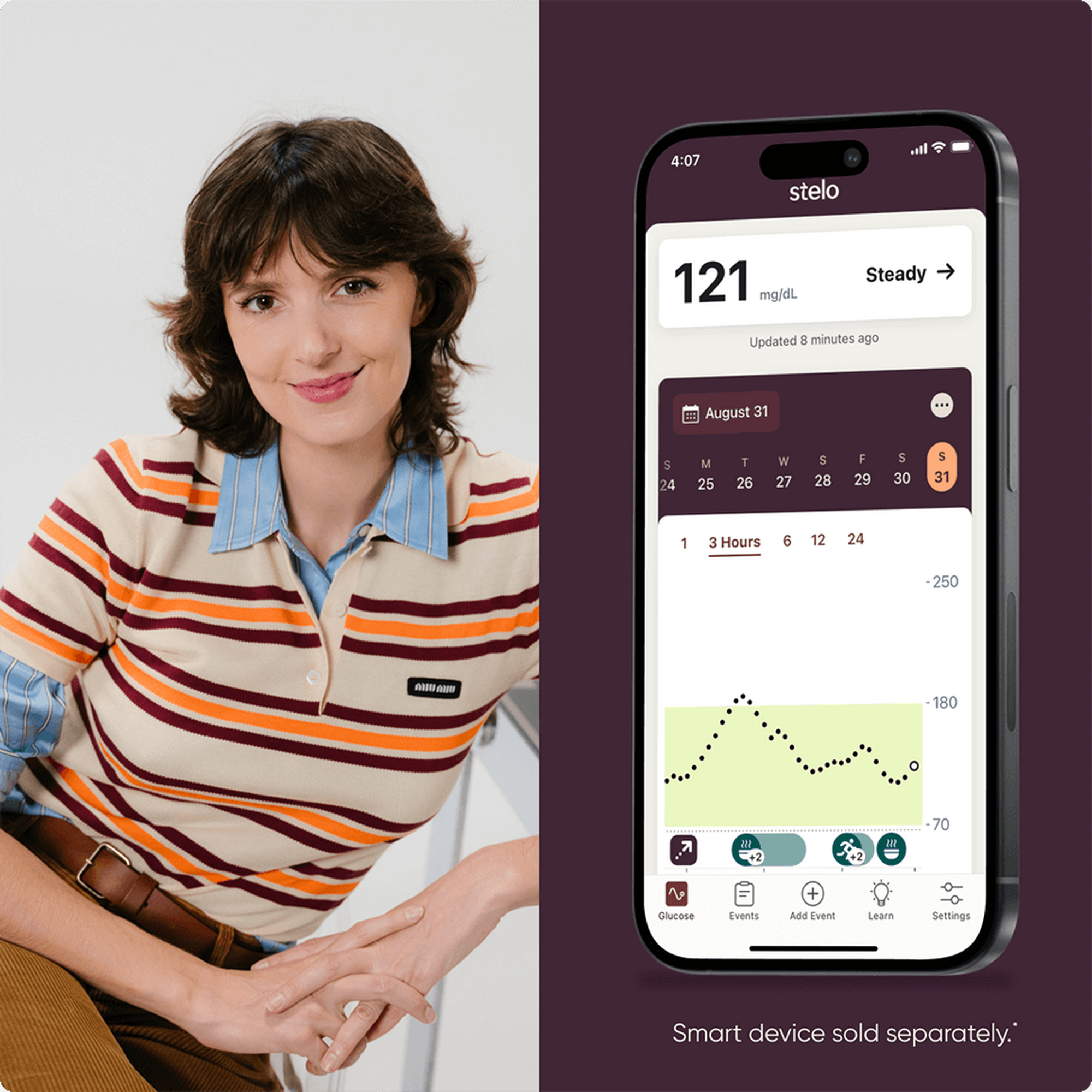 Jessie Inchauspé next to a phone showing the stelo app - smart device sold separately