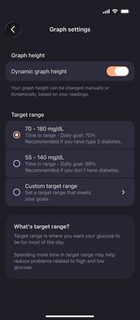 Dynamic graph height shiwing expanded glucose range option in Stelo app.