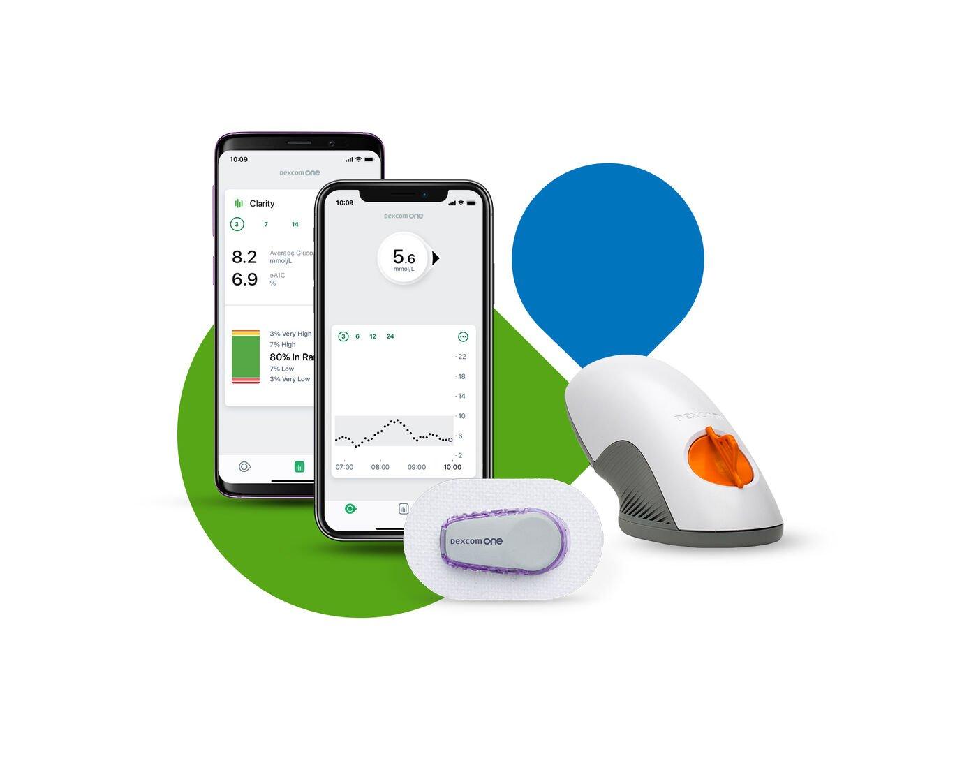 Dexcom one products with iPhone and Samsung phones showing 5.6 reading