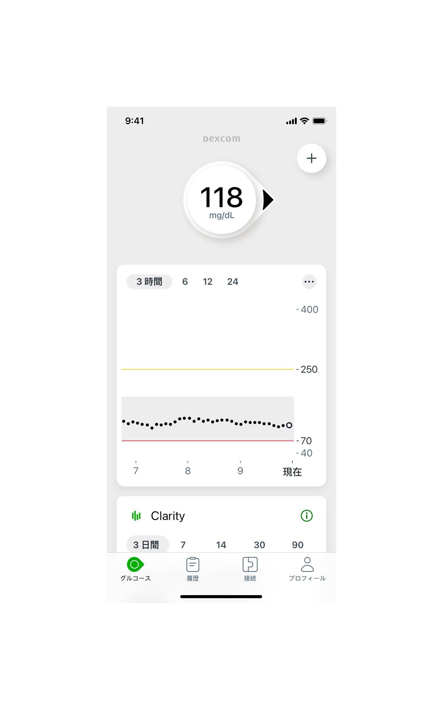 グルコース値を確認中に表示されるDexcom CGM G7アプリのスマホ画像