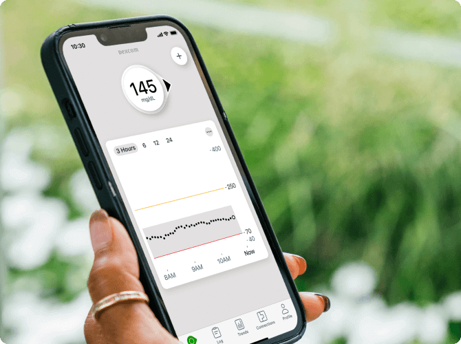 Person looking at glucose trends on the Dexcom G7 CGM app on smartphone