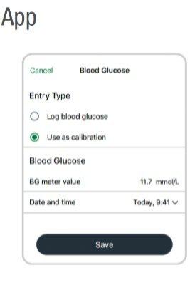 App - Blood glucose screen: use as calibration selected, bellow shows BG meter value and date/time