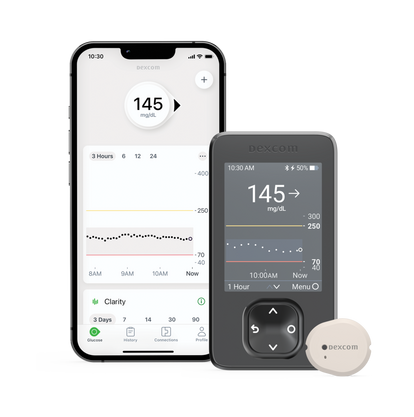 Dexcom G7 and two smartphones with glucose readings