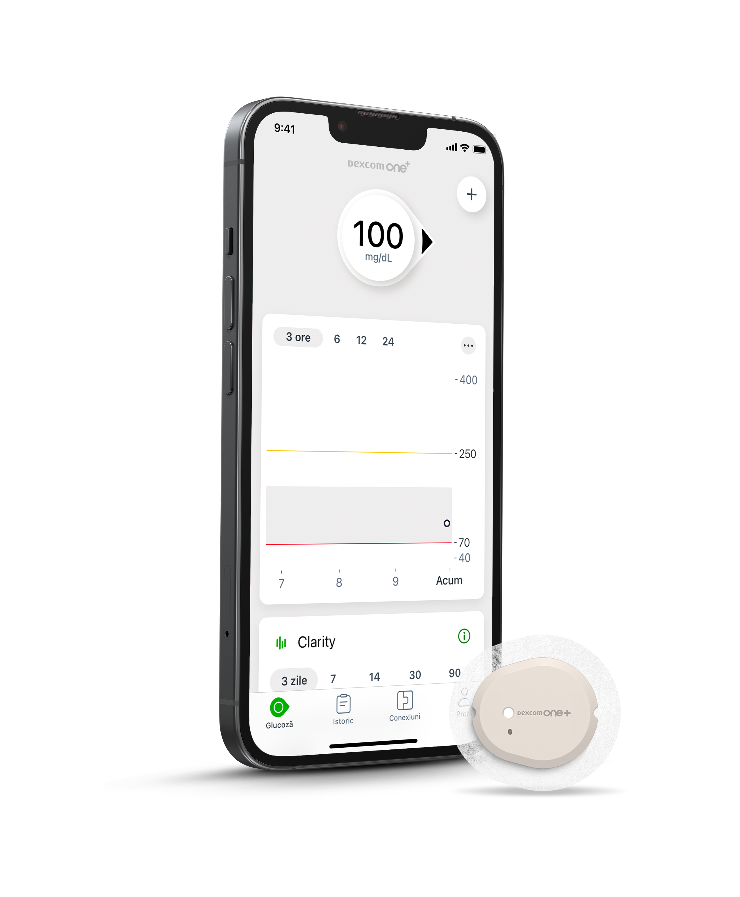 Photo of Dexcom G6 components including auto applicator, sensor and transmitter and display device.