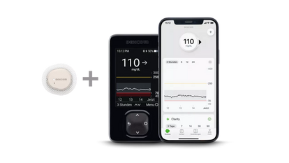 Dexcom G7 and two smartphones with glucose readings