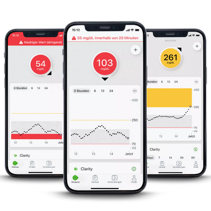 Three smartphones with glucose alerts
