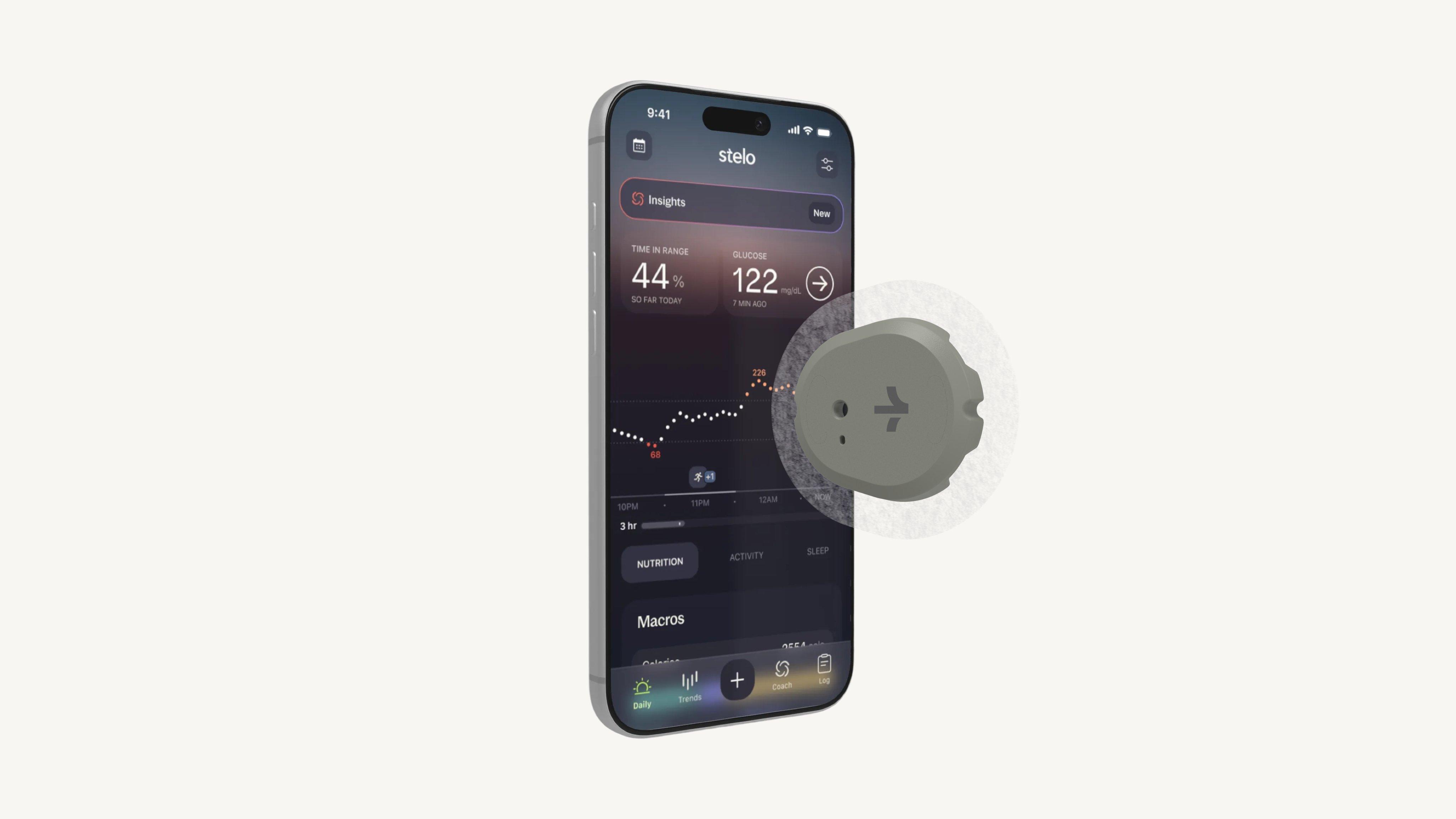 stelo app on smart phone displaying weekly spike report and meal log