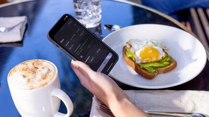 eating breakfast looking at stelo app on smartphone
