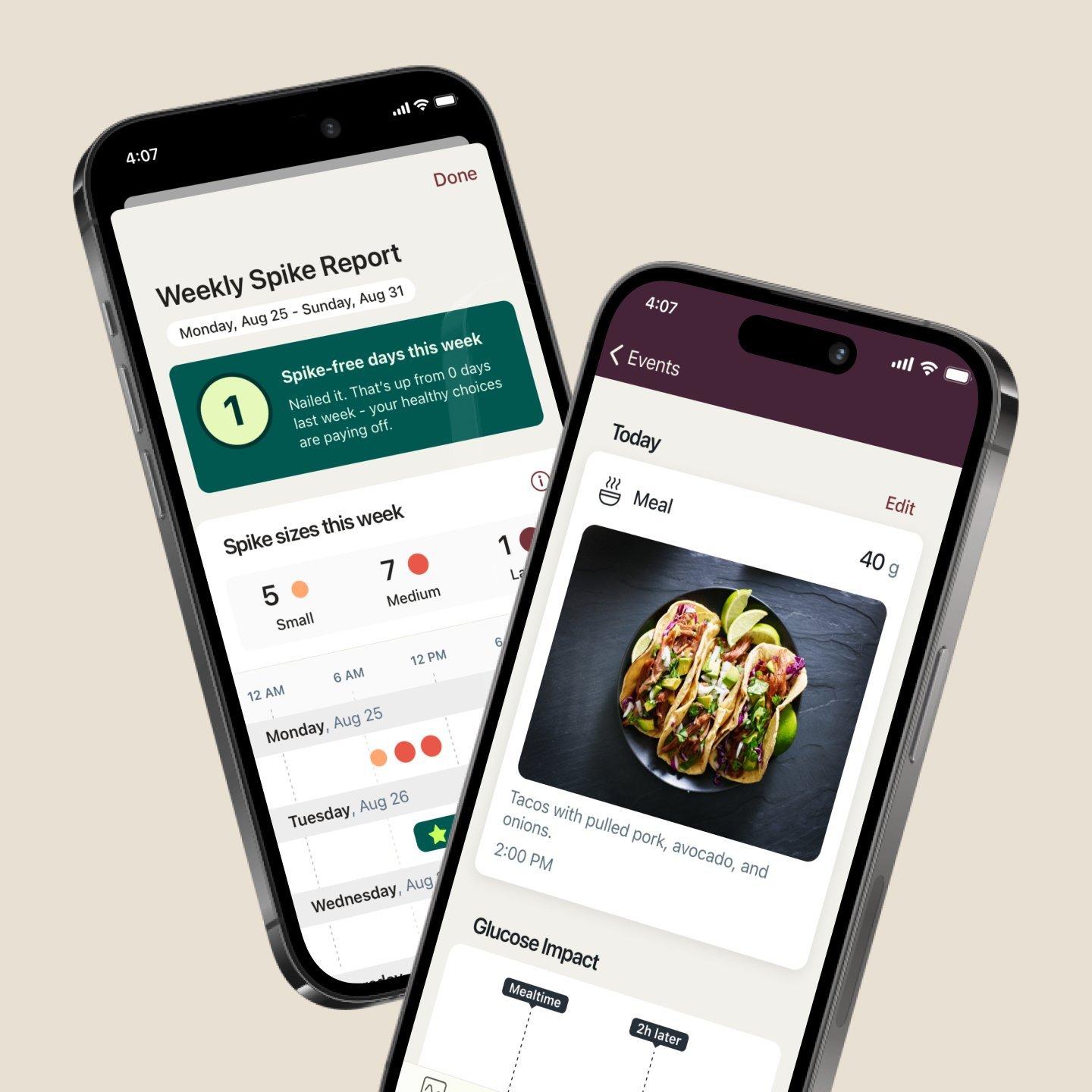 stelo app on smart phone displaying weekly spike report and meal log