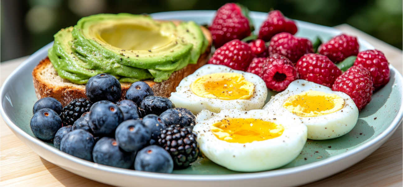 Plate with fruits, eggs, and avocado toast