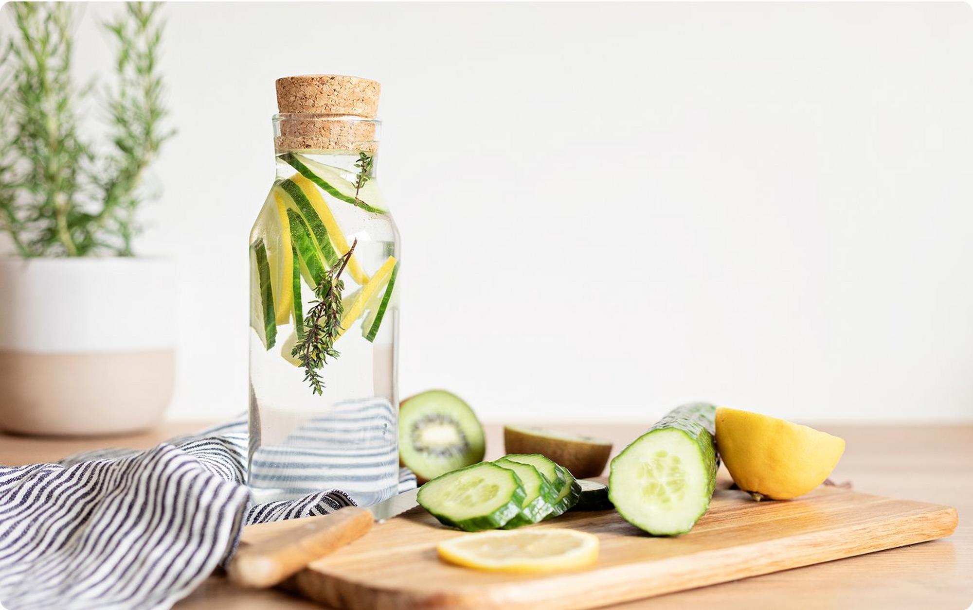 carafe of infused water with cucumbers and lemon slices