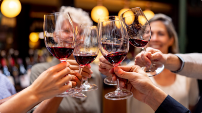 friends toasting with red wine in glasses